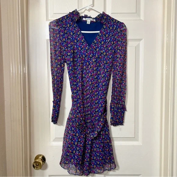 Diane Von Furstenberg | Dresses | Dvf Silk Floral Belted Blue Long Puff  Sleeves Silk Shirt Dress | Poshmark